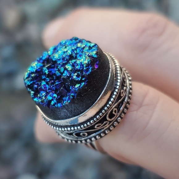 New Blue Titanium Druzy 925 Silver Ring. - Picture 8 of 15